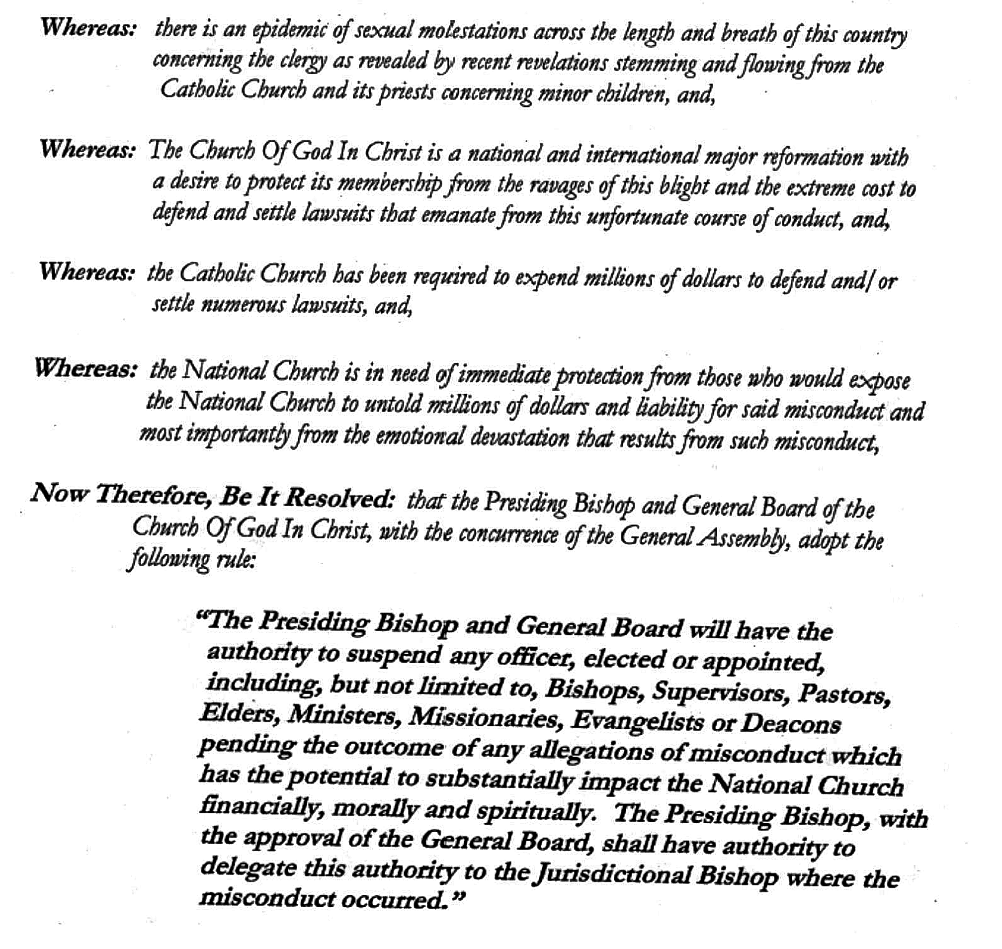 THE ABUSE, OF THE COGIC SEXUAL ABUSE RESOLUTION  IS THERE JUSTICE